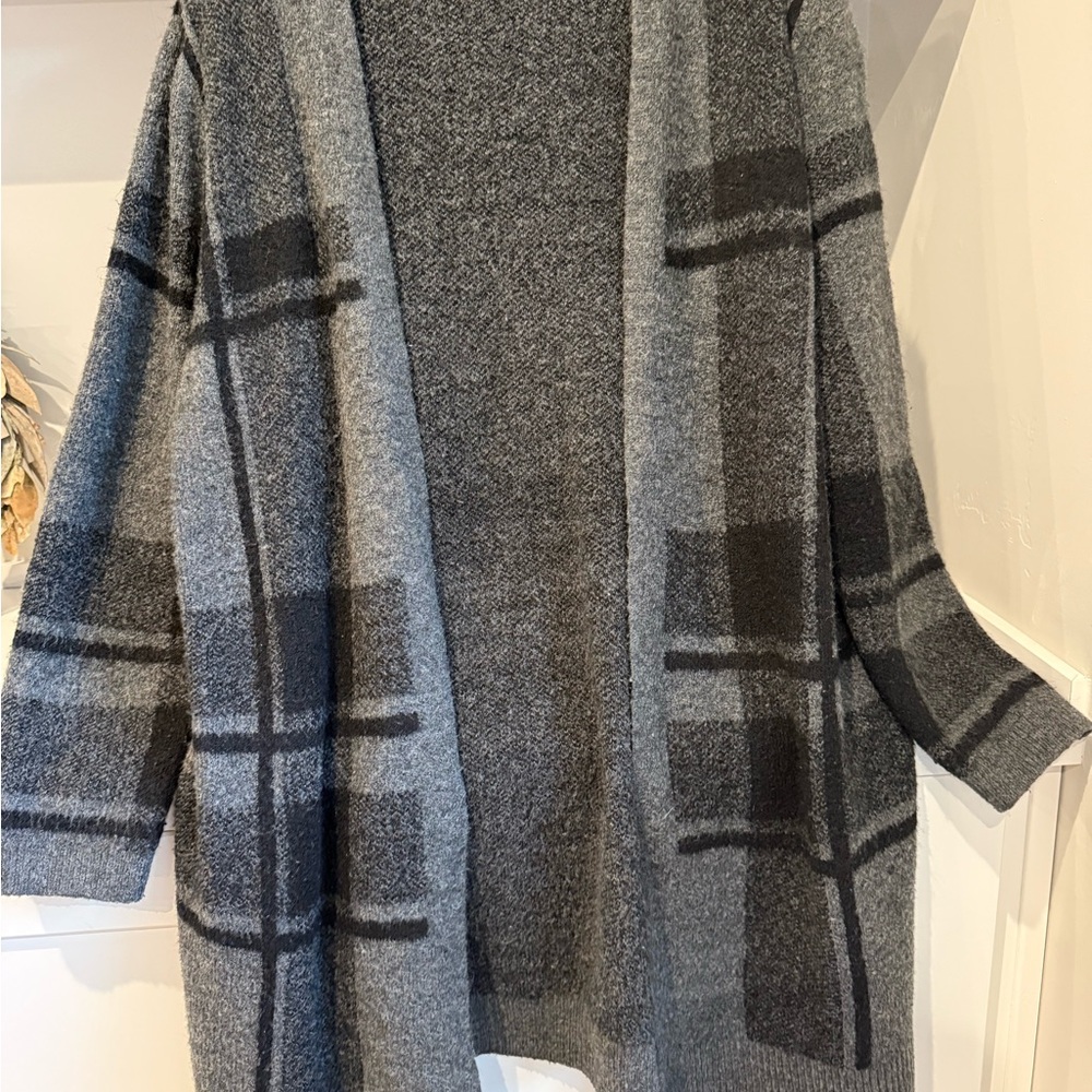 Gray Plaid Open-Front Sweater
